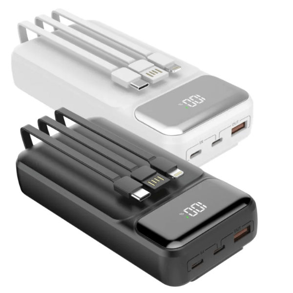 סוללת גיבוי פאנטום 20,000mAh PD בצבע שחור ולבן עם מסך דיגיטלי ושלושה כבלים מובנים